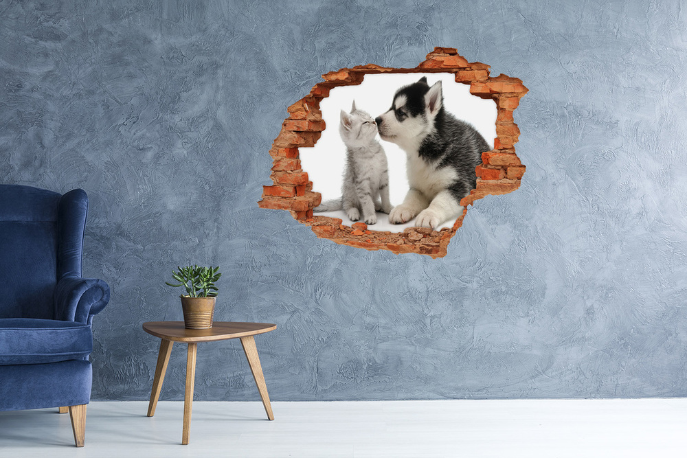 Dziura 3d fototapeta naklejka Pies i kot