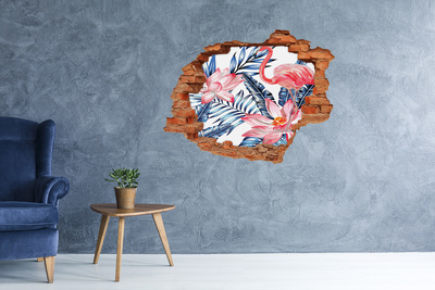 Dziura 3d fototapeta naklejka Flamingi i rośliny