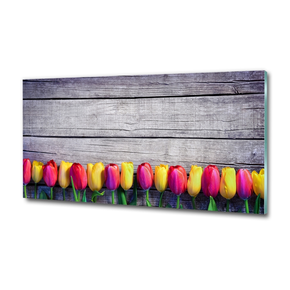 Foto obraz szklany Tulipany na drewnie