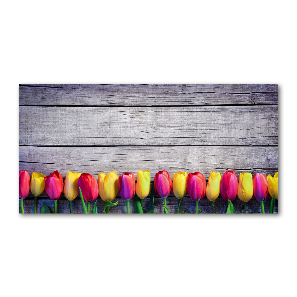 Foto obraz szklany Tulipany na drewnie