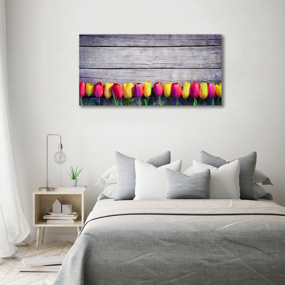 Foto obraz szklany Tulipany na drewnie