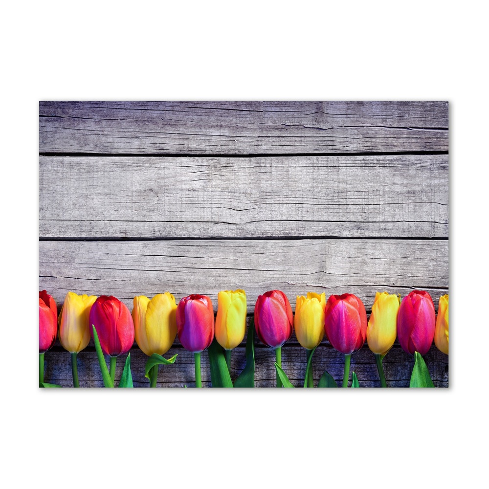Foto obraz szklany Tulipany na drewnie